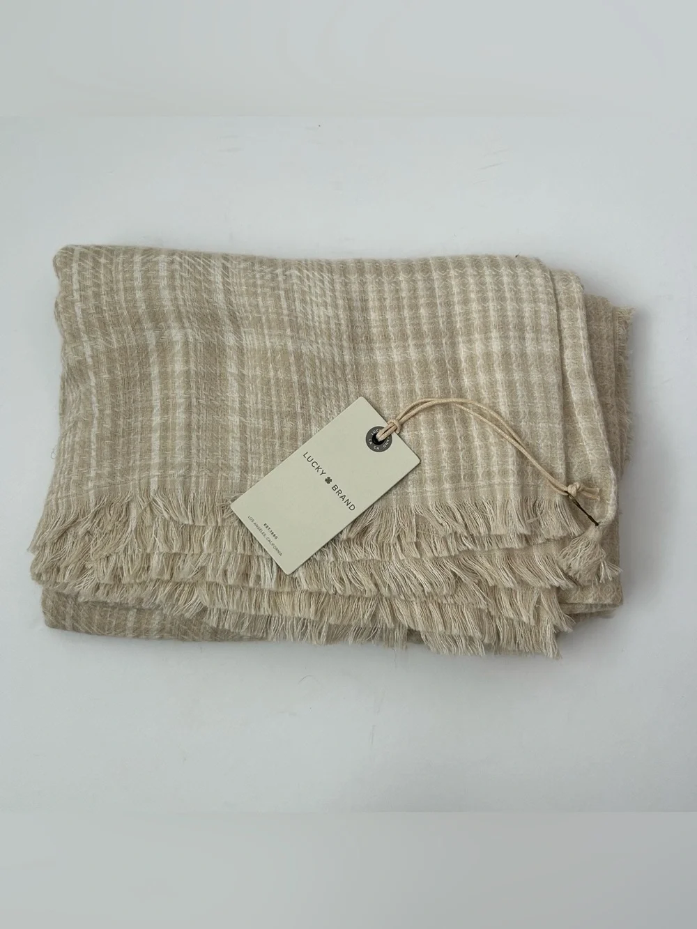 Fall Cozy Layering Fringe Scarf Lucky Brand Plaid Cream White Neutral NWT